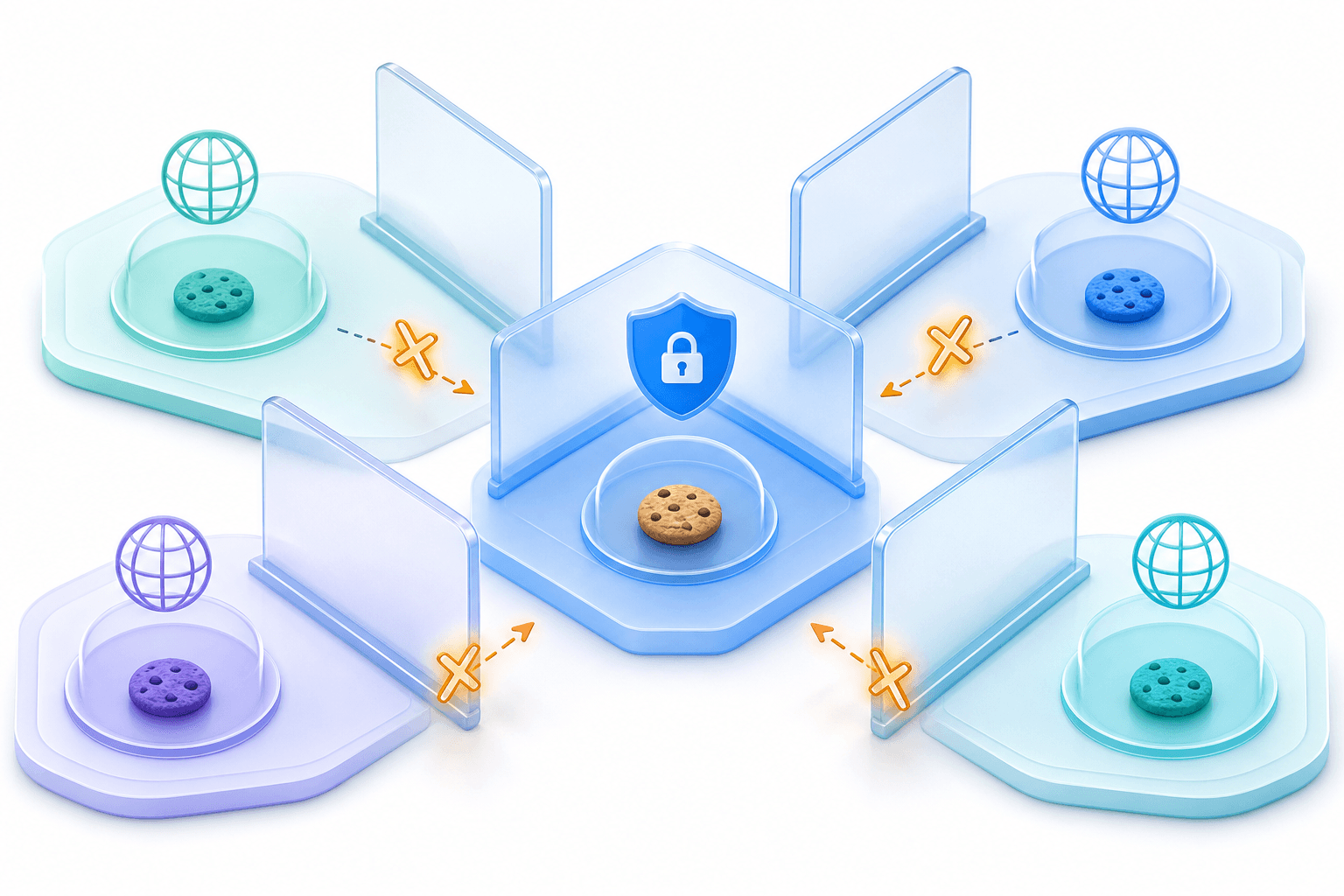 Abstract browser security zones showing public suffix boundaries and cookie isolation.