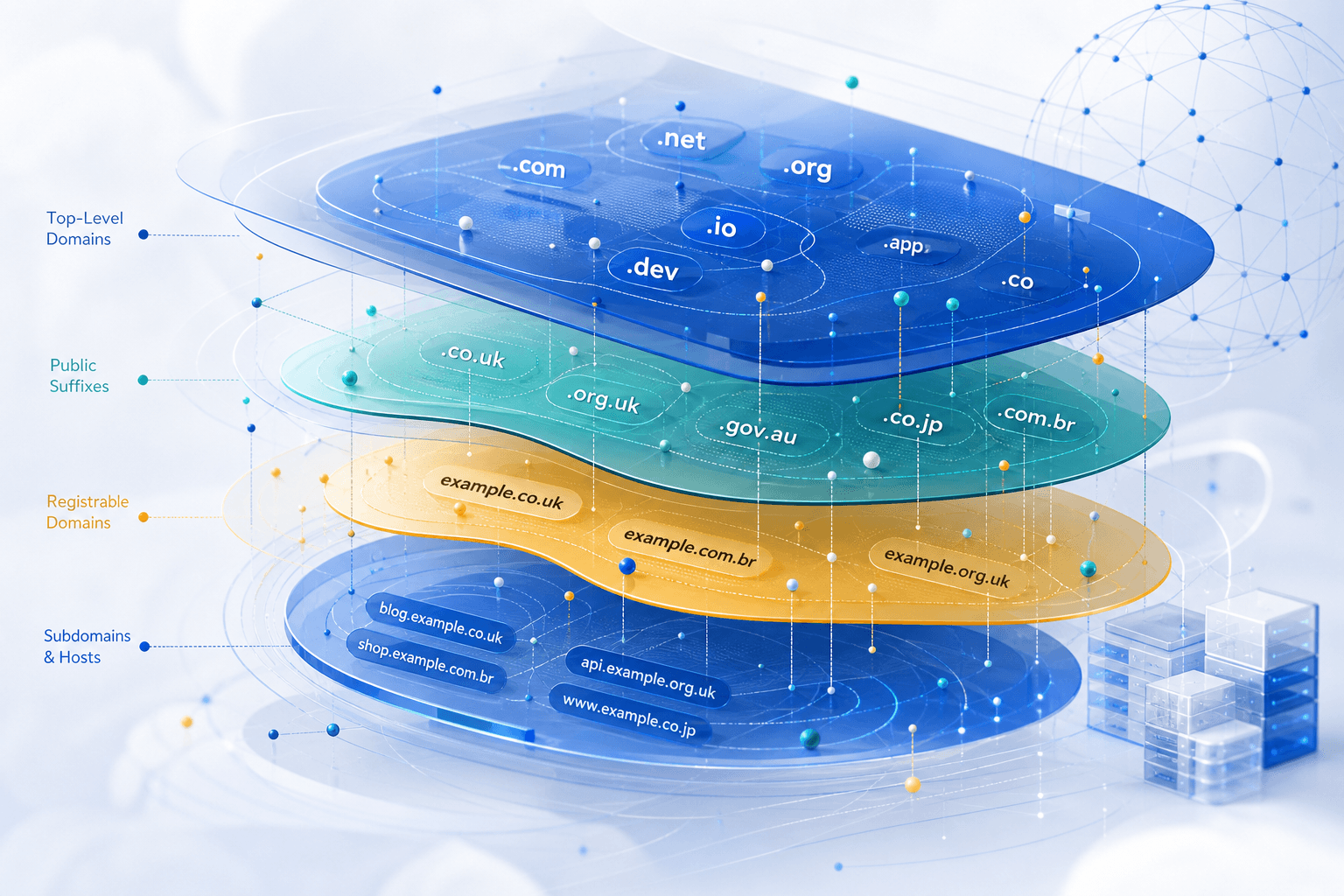 Abstract layered network representing TLDs, public suffixes, and registrable domain boundaries.